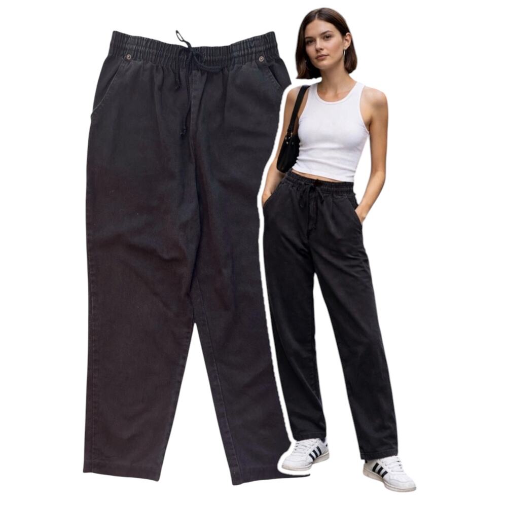 Vtg Act 3 Drawstring Black Denim Jogger S/M Baggy Pants Straight Leg Comfortcore